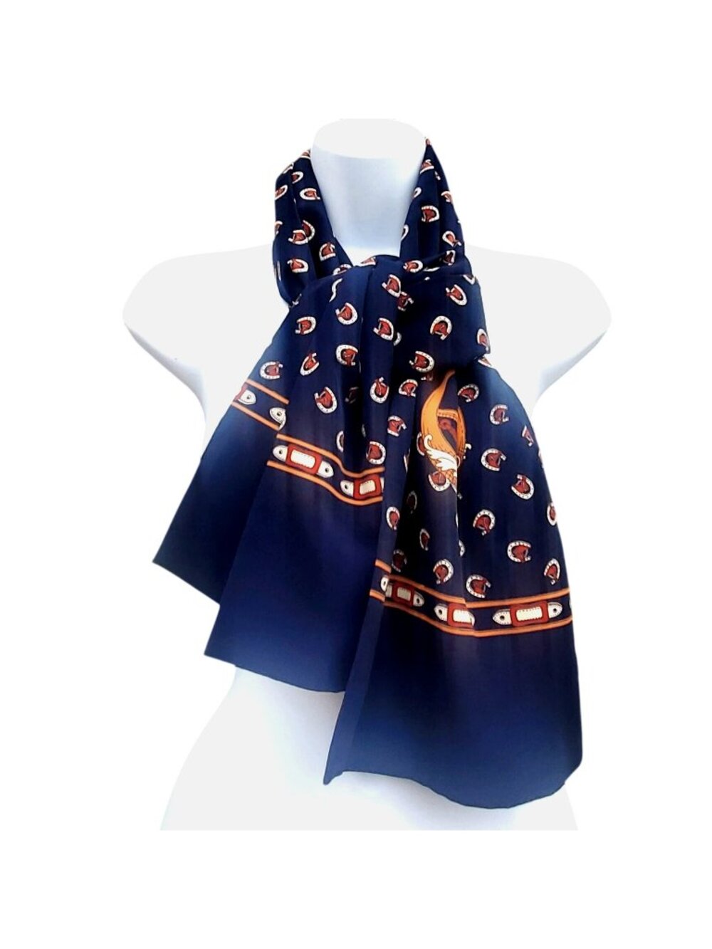 Vintage 70s 80s Equestrian Scarf Navy Gold Horseshoe 26 x 10